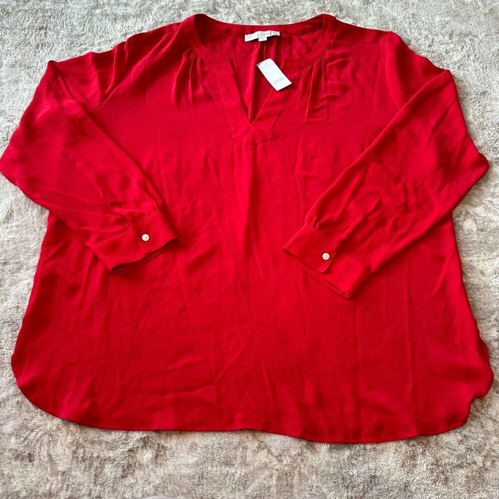LOFT Red V-Neck Long Sleeve Blouse